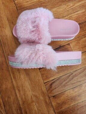 Amazon Pink Faux Fur Slide Sandals with Rhinestone Band